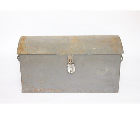A rivet bound GWR metal tool trunk, early 20th century, front indistinctly marked 'Challinor St, GWR Depot', monogrammed to t