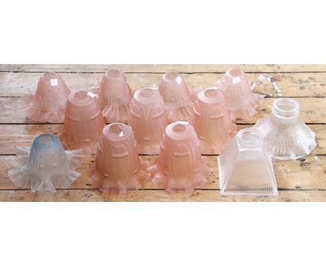 A set of five Art Nouveau peach frosted glass light shades, each with crimped rim and moulded detail, 14cm high along with a 