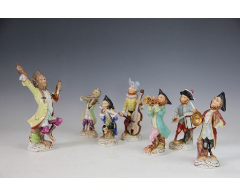 A part set of Continental porcelain monkey band or affenkapelle figures, comprising assorted playing various instruments, pic