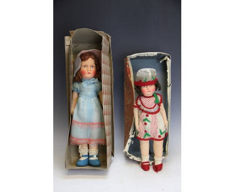 A Chad Valley Hygenic Toys doll, circa 1930, in original clothing and box, 45cm long and another similar with composite head 