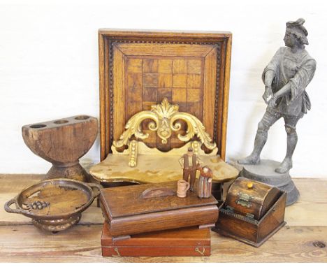 A collection of treen items, to include a Pakistan hardwood seed drill, 19cm, a parquetry tray, a rectangular oak box and cov