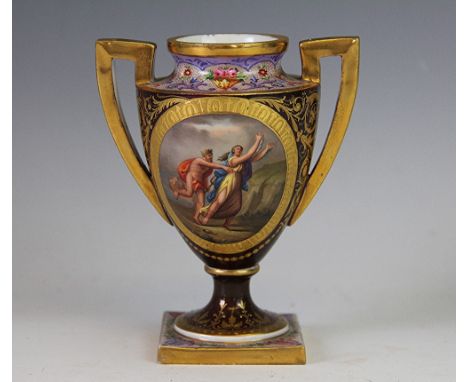 A Vienna two handled vase, 19th century, the pedestal vase decorated with titled views of Pluto and Prserpina to one side and