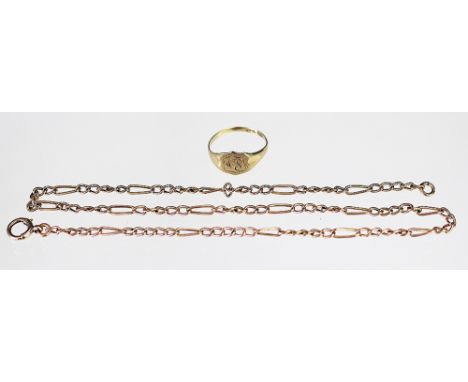 A Figaro link necklace, unmarked, with attached bolt rings clasp, along with a 9ct yellow gold signet ring, total weight 7.3g