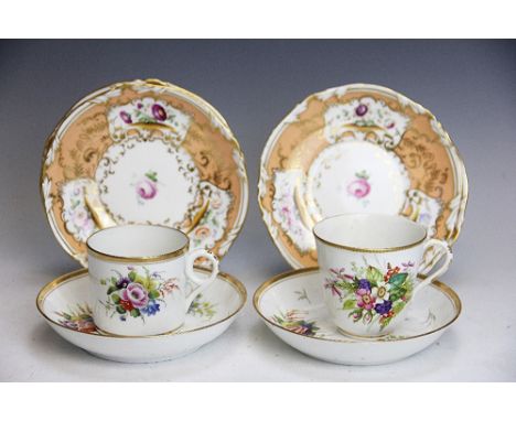 A Minton coffee can and two saucers circa 1810, each with enamelled floral sprays within gilt lined rims, pseudo Sevres mark 