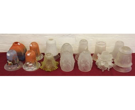 A collection of twenty seven assorted shades, to include; four bell shaped shades in orange, enamelled with views of cottages
