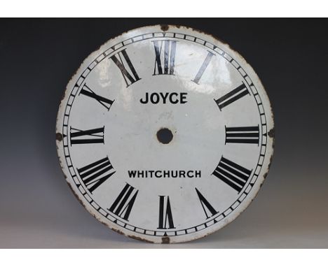 A Joyce of Whitchurch vitreous enamel station clock dial, with Roman numerals, 46cm diameter