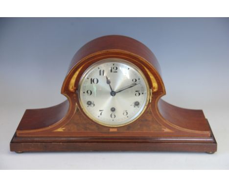 An early 20th century inlaid mahogany eight day mantel clock, with Arabic dial and movement striking on gongs stamped DUFA, 2