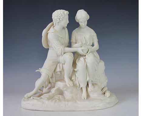 A Copeland Parian figure of Paul and Virginia mid 19th century, modelled by C. Cumberworth, both seated on a rocky stump with