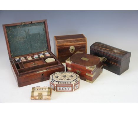A mahogany artists box by J Newmans, enclosing watercolours, 14cm wide, a Victorian rosewood two division tea caddy with cant