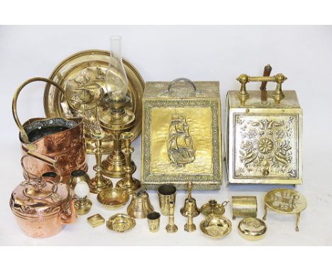 A collection of brass ware, to include a Victorian coal purdonium and shovel, another later example, three galleon embossed c