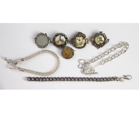 A collection of jewellery, to include five Art Nouveau brooches (two enamel and two coin set), with a collection of modern je