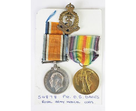 A World War I pair to 54878 Pte D. S. Davies, Royal Army Medical Corps, comprising BWM and VM, with a RMC cap badge (3)