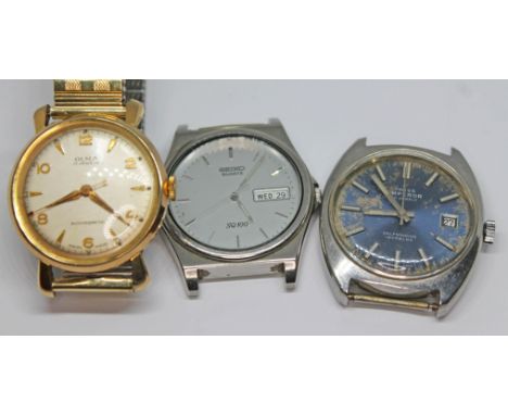 Three vintage wristwatches comprising a gold plated Olma 17 jewel manual wind on flexi strap, a stainless steel Seiko Quartz 