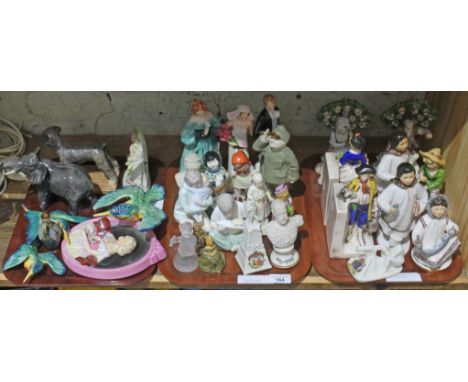 Three trays of figures including Goebel, Wedgwood, crested china including Shelley, Goss, a set of 3 Beswick Kingfishers in f