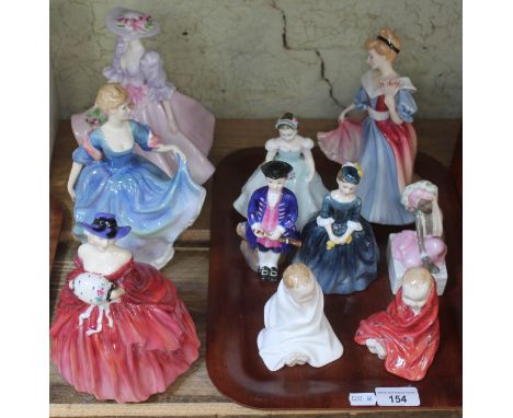 A group of figures including 3 large Royal Doulton, Genevieve, Elizabeth and Amy; 1 large Coalport - Barbara Ann; 5 small Roy