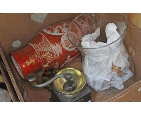 A mixed box to include various rulers, cast coffee grinder, Japanese Kutani vase (as found), small glass oil lamp and large c