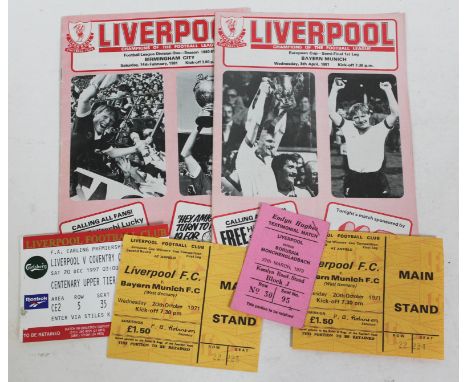 Football ticket stubs comprising a pair for Liverpool v Bayern Munich 1971, Liverpool v Coventry 1997 and a pair for Liverpoo
