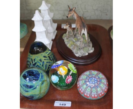 A mixed lot comprising 2 Mdina and 2 other paperweights, a Border Fine Arts Red Deer and Calf, and a pair of white porcelain 