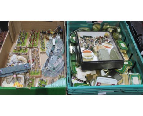 A box containing 11 sets of model soldiers on plinths, some labelled, 2 boxes of die cast horses, 2 Danbury Mint railway trai