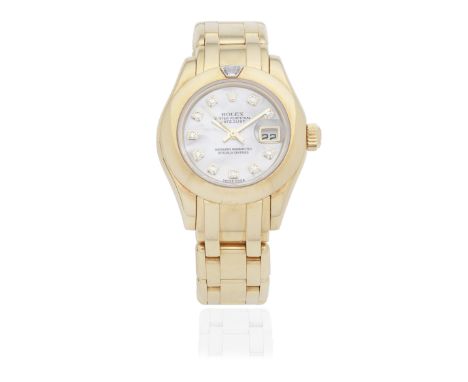 Rolex. A lady's 18K gold diamond set automatic calendar bracelet watch with mother of pearl dialModel: Datejust PearlmasterRe