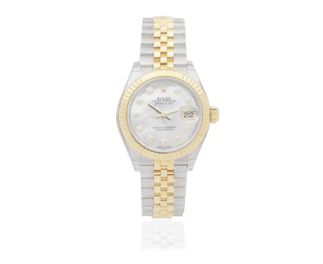 Rolex. A lady's stainless steel and gold diamond set automatic calendar bracelet watch with mother of pearl dialModel: Lady-D