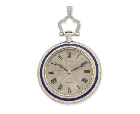 Cartier. A platinum, enamel and diamond set keyless wind open face pocket watchDate: Circa 1910Movement: Gilt finish Swiss le