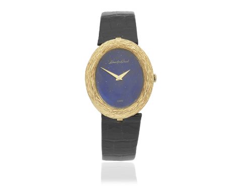 Bueche Girod. An 18K gold manual wind oval wristwatch with lapis lazuli dialDate: London Hallmark for 1971Movement: 17-jewel 