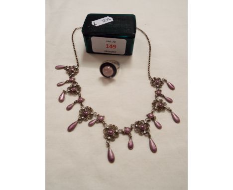 An 835 silver and rose quartz ring together with a filigree and enamel necklace     Necklace in good condition no loss of ena