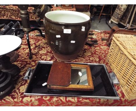 A brown glazed planter together with an Art Deco chrome tray and a folding shaving mirror