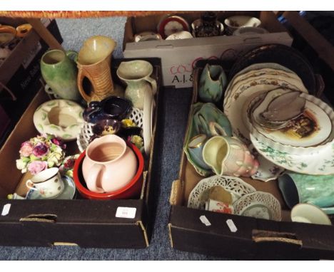 Two boxes of 1930s and later ceramics to include a pair of German Studio vases, Royal Worcester flan dish, Crown Stafford taz