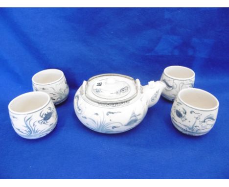 DECORATIVE ORIENTAL BLUE AND WHITE, FIVE PIECE TEA SERVICE