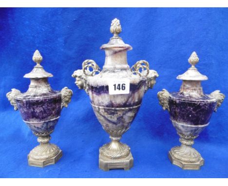 A FINE QUALITY AND RARE SET OF THREE 19TH CENTURY BLUE JOHN AND ORMOLU MOUNTED URNS, SMALL URN DIMENSIONS: 12 CM'S WIDE 21 CM