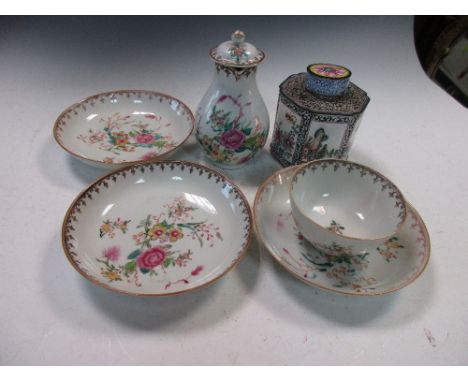 An 18th century covered milk jug, tea bowl and three saucers together with an 18th century enamel tea caddy and cover, the fa