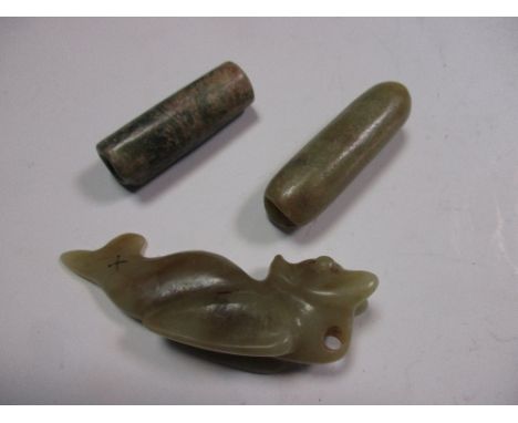 Two Neolithic jade tubular beads together with a later dragon pendant, the beads of oatmeal and dark green stone, 5cm (2 in) 