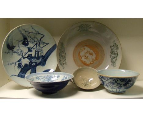 Five Chinese provincial blue and white wares, the smallest of the three bowls with stippled decoration13cm (5 in) diameter, t