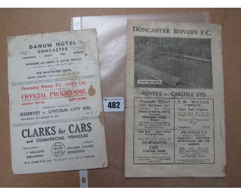 1937-8 Doncaster Rovers Reserves v. Lincoln City Reserves Programme, dated 13th November 1937 (staining), together with 1946-