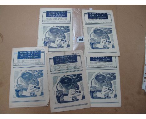 Manchester City 1946-7 Home Programmes, v. Glasgow Rangers, Burnley, West Ham, Tottenham, Gateshead. (5)