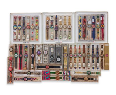 A GROUP OF 45 SWATCH WATCHES
Various models, all in cases, and three hard perspex five-watch display cases, circa 1990s
Condi