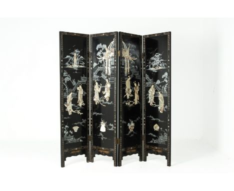 A CHINESE BLACK LACQUERED FOUR PANELLED SCREEN
With mother of pearl and bone inlay, depicting figures, pagodas, floral motifs