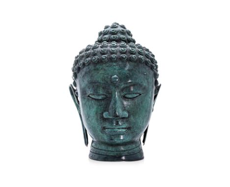 A LARGE SOUTH-EAST ASIAN BRONZE HEAD OF BUDDHA
Patinated hollow bronze, head of Buddha with eyes closed, elongated earlobes a