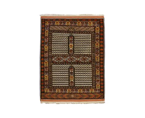 A FINE TURKMEN HATCHLU RUG (165 x 118cm)
Silk and wool pile on silk base, the quartered ivory field with repeating candlestic