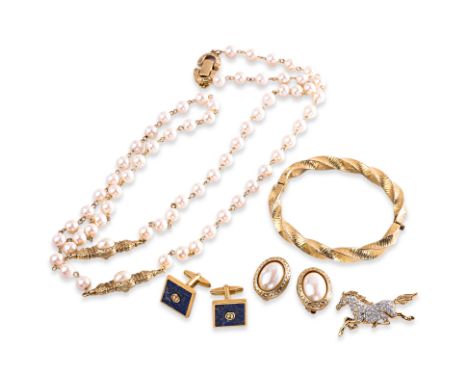 A GROUP OF FIVE COSTUME JEWELLERY PIECES
Comprising of a pair of Dunhill cufflinks set with lapis lazuli, a pair of Givenchy 