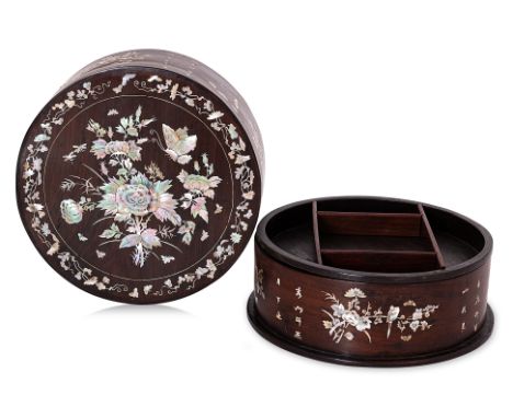 A MOTHER OF PEARL INLAID CIRCULAR JEWELLERY BOX AND COVER
The lift off cover decorated with flowering foliage, butterflies an