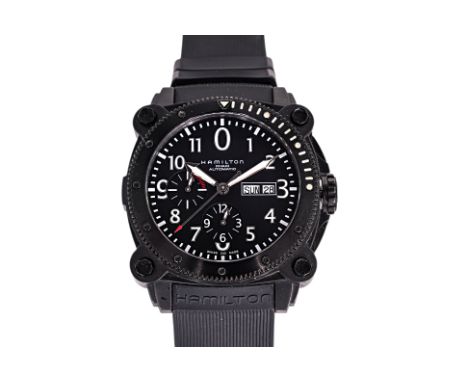 A HAMILTON 'BELOW ZERO' AUTOMATIC CHRONOGRAPH WATCH
Ref. H78686
Black steel case with rubber strap, black dial with date aper