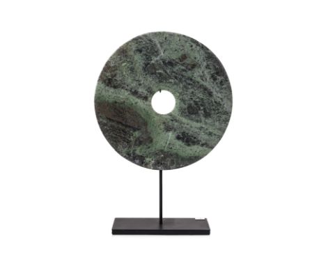 A JADE BI DISC
Chinese, green tone with smooth surface, custom metal stand
35cm in diameter, 52cm high with stand
Condition: 