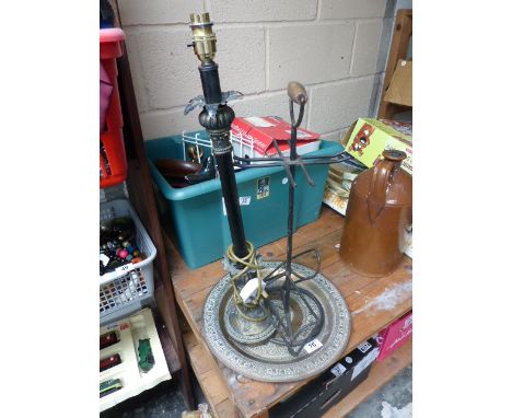 Brass Eastern charger, vintage style table lamp and a wrought iron wine stand