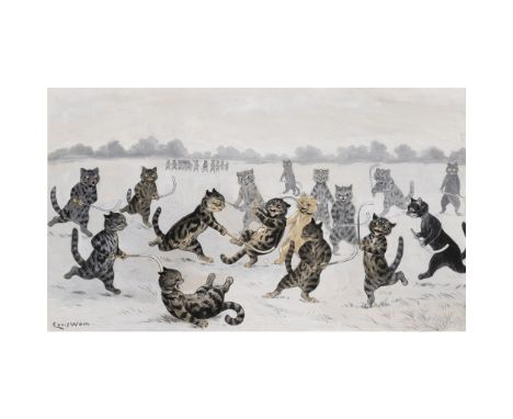 Louis Wain (British 1860-1939) Hockey, circa 1904signed (lower left), pen, ink, watercolour, gouache and pencil on wove paper