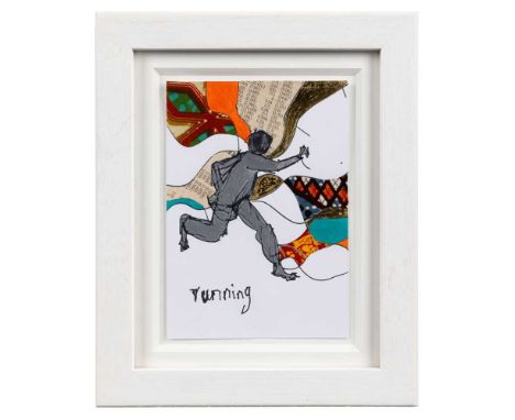 § Yinka Shonibare C.B.E, R.A. (British / Nigerian 1960-) Running (for RCA Secret)  titled (lower right), mixed media on postc