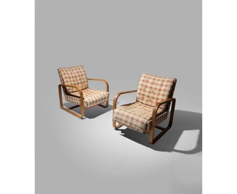 Serge Chermayeff (Russian / British 1900-1996) Pair of 'Plan' Chairs, designed 1933  laminated beech plywood and upholstery  