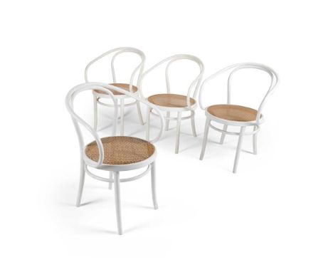 Thonet Set of Four 'Le Corbusier' Dining Chairs  model no. B9, painted white bentwood with woven wicker seat  Dimensions:82.5